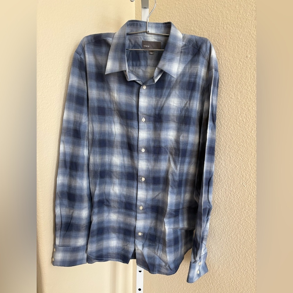 Vince. Plaid Long Sleeve Button-down Shirt in Blue and White - Size XL